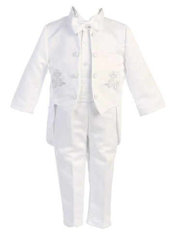 Igirldress Little Boys White Baptism Christening Mandarin Collar Tail 5 Pcs Tuxedo With Silver Cross Embroidery Size 4