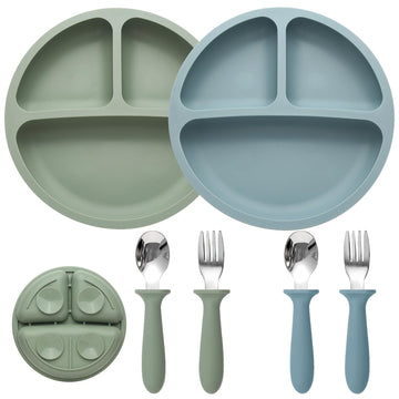 Eascrozn Baby Feeding Set, 2 Pack Silicone Divided Suction Plates For Baby, 2 Pack Spoons And Forks Set, Bpa Free, Baby Led Wean