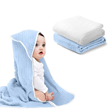 Arnzion Baby Hooded Towels For Babies And Toddlers, Muslin Baby Bath Towel Soft And Absorbency For Boys (Blue.White 2)