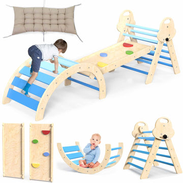 bbgroundgrm 7 in 1 Pikler Triangle Set with Cushion, Wooden Climbing Toys for Toddlers 1-3 Inside, Indoor Playground Jungle Gyms