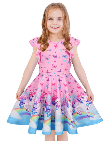 Labeca Baby Girls Printed Casual Party Dresses Twirly Ruffle Sleeve Dress Butterfly Unicorn Cap Xs