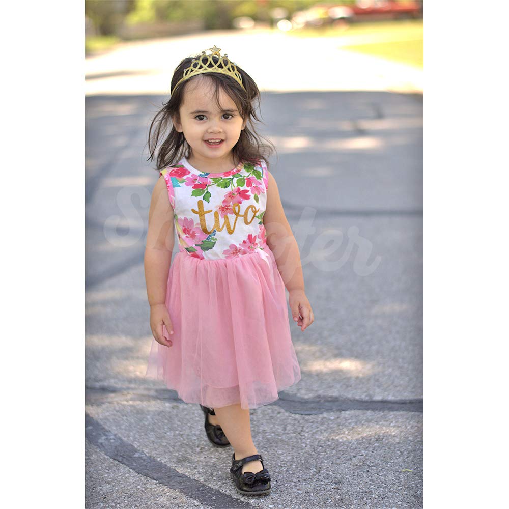 Shalofer Baby Little Girl Two Year Old Birthday Skirt Set Baby Girls 2Nd Birthday Floral Outfit Sets (Pink-Twogold, 2 T)