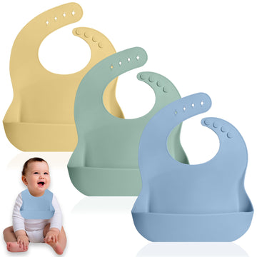 Bluet B - Set Of 3 Waterproof Silicone Baby Bibs - Bpa Free Silicone Baby Bib - Flexible And Soft - Adjustable And Portable With