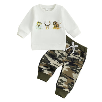 Fernvia Toddler Baby Boy Fall Hunting Clothes Wild Goose Fish Deer Print Sweatshirt Elastic Camouflage Pant Winter Outfits (B-Wh