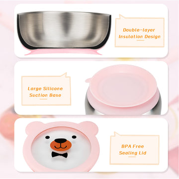 Mr. Chou Food-Grade Stainless Steel Baby Bowls With Leakproof Tempered Glass Lid, First Stage Baby Led Weaning Supplies For Boys