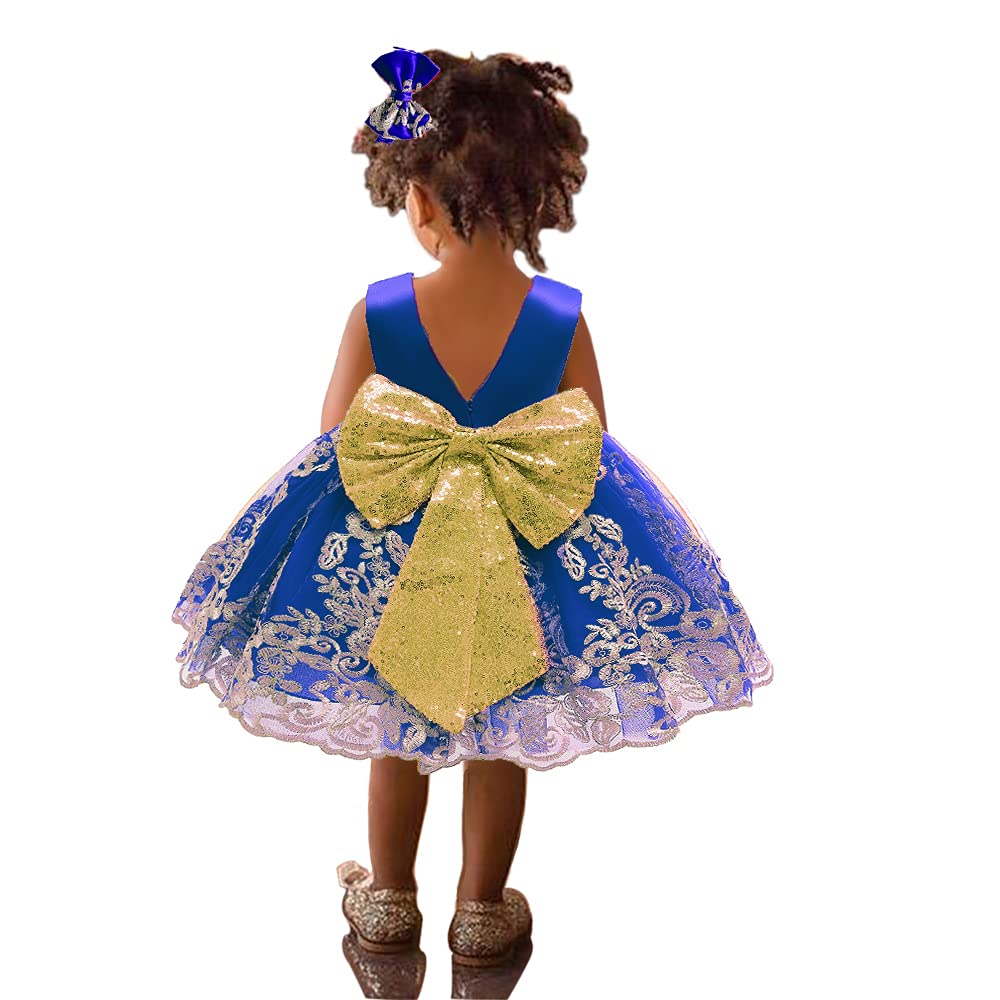 Baby Princess Girls Embroidery Dresses Toddler Lace Ruffles New Year Easter Tutu Dress With Headwear (Sapphire,80)