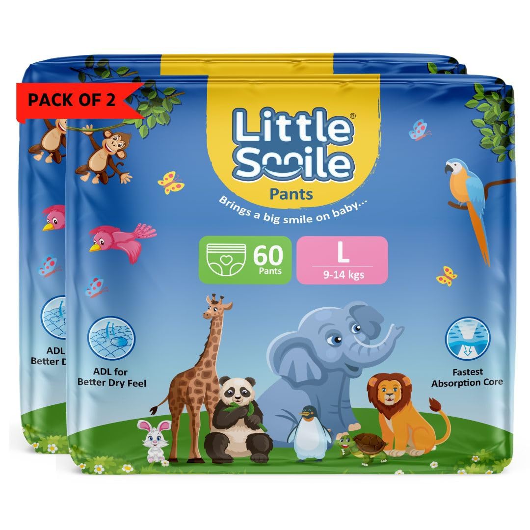 Little Smile Baby Diapers Pant Style | Large (L) Size | Ideal For 914 Kgs Baby | 120 Count Odorless And Antibacterial Layer Wi