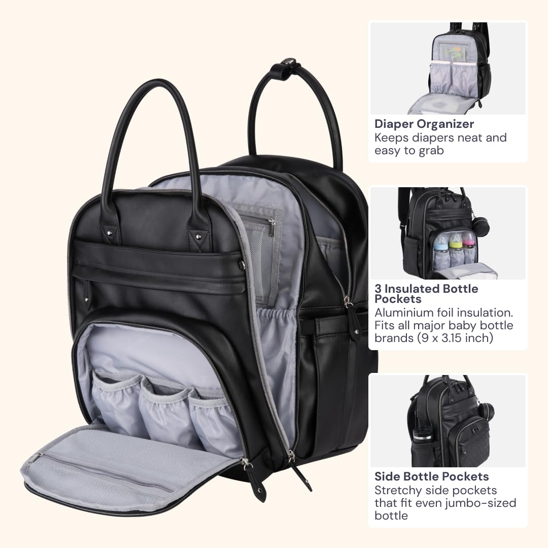 Babbleroo Leather Diaper Bag Backpack - Baby Essentials Travel Baby Bag, Multi Function, With Changing Pad, Stroller Straps & Pa