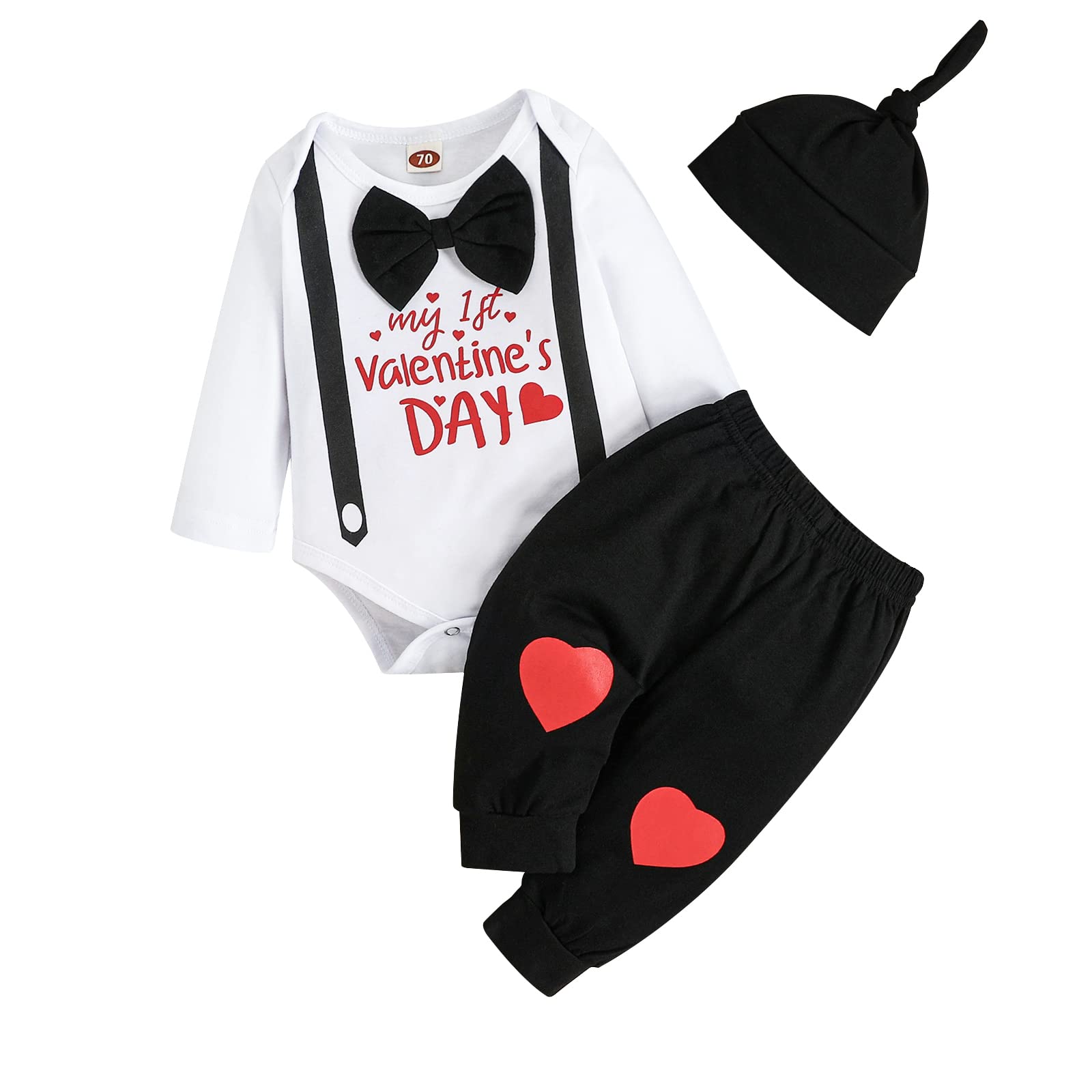 Odimame My 1St Valentines Baby Boy Outfits 12-18 Months Infant Romper Clothes Pants Set Cute Hat Black 100Cm
