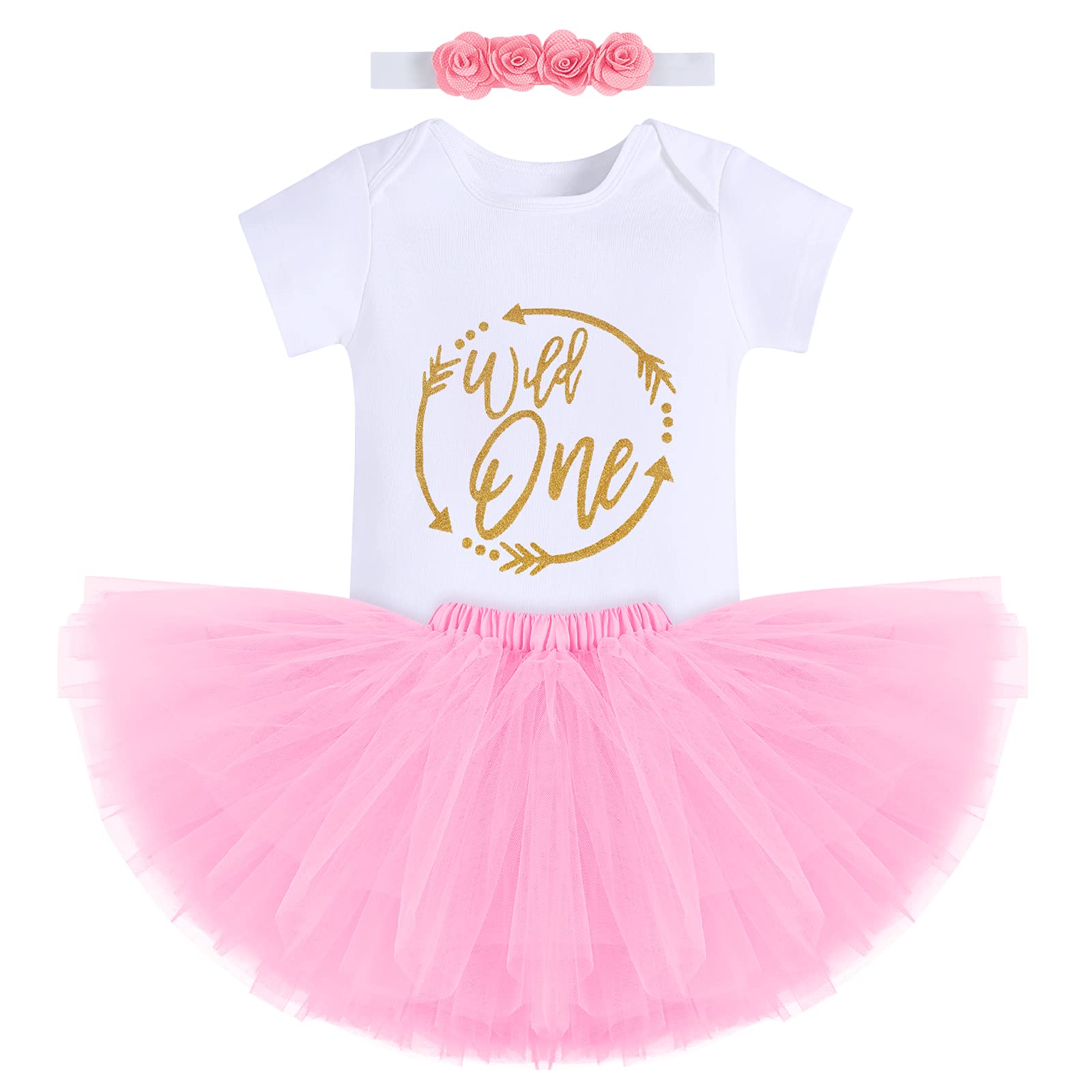 Odasdo Wild One Baby Girl First Birthday Outfit Newborn Infant 1St One Year Party Cake Smash Set Short Sleeve Romper + Tutu Tull