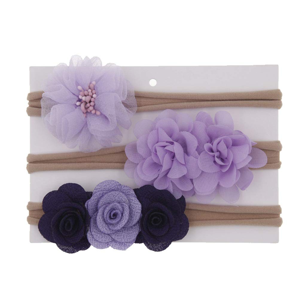 Syga 3 Pcs Baby Headband Nylon Flower Stretchable Hairband For Newborn Infant Toddlers Kids 03 Year (Purple)