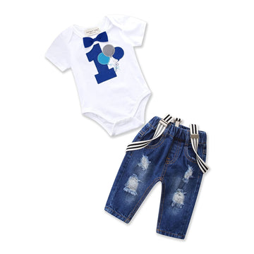 Pinleck Toddler Baby Boy Birthday Clothes Set Bowtie Romper Suspenders Ripped Denim Pants Outfits (Birthday Balloon-1Short, 6-12
