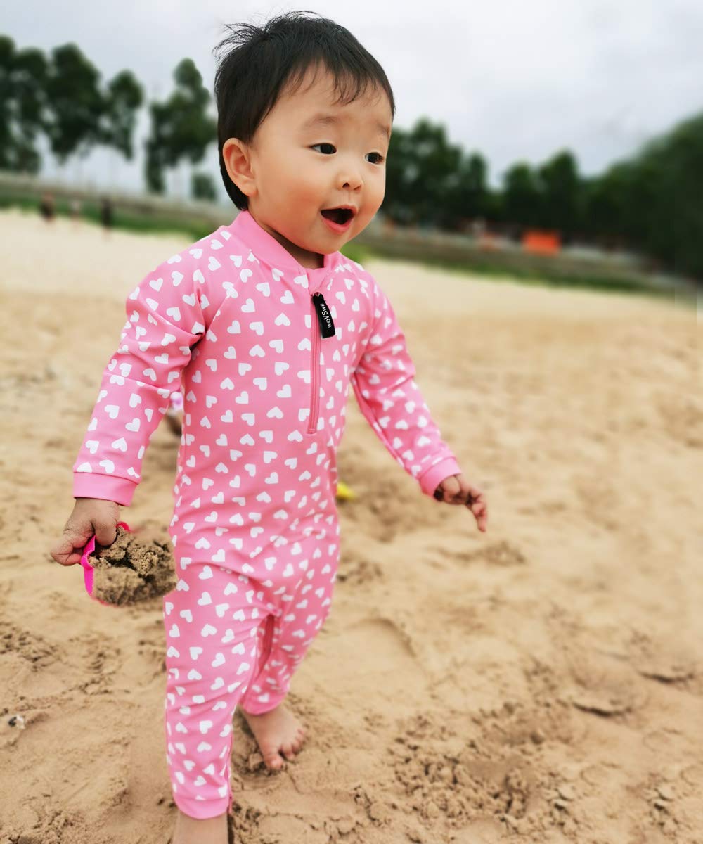 Wevswe Baby Toddler Sun Protection Rash Guard Pink Heart One Piece Girls Swimsuit Crotch Zipper For Easy Diaper Changes 18-24M