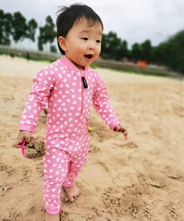 Wevswe Baby Toddler Sun Protection Rash Guard Pink Heart One Piece Girls Swimsuit Crotch Zipper For Easy Diaper Changes 18-24M