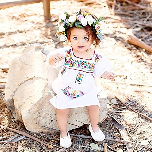 Kashoer Newborn Toddler Baby Girls Ethnic Embroidery Floral Dress Long Sleeve Party Sundress Skirt (12-18Months, White)