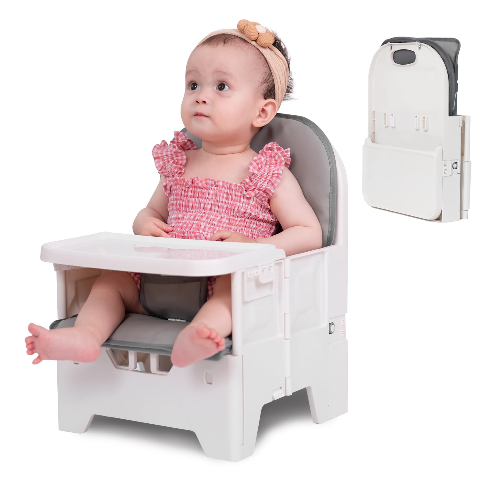 BABELIO Portable Booster Seat for Kitchen Chair with PU Waterproof Cushion, Compact Folding High Baby Chair for Travel with Feed