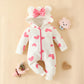 Newborn Baby Girl Hooded Jumpsuit Heart Cow Zip Up Long Sleeve Infant One Piece Romper Snowsuit Valentines Day Outfit (Heart Pin