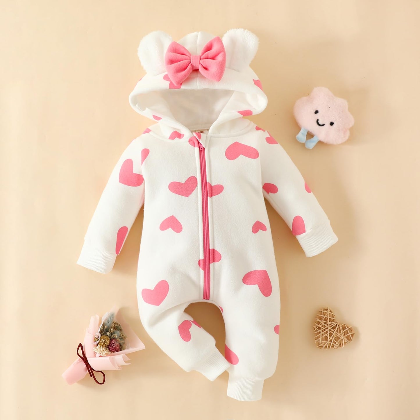 Newborn Baby Girl Hooded Jumpsuit Heart Cow Zip Up Long Sleeve Infant One Piece Romper Snowsuit Valentines Day Outfit (Heart Pin