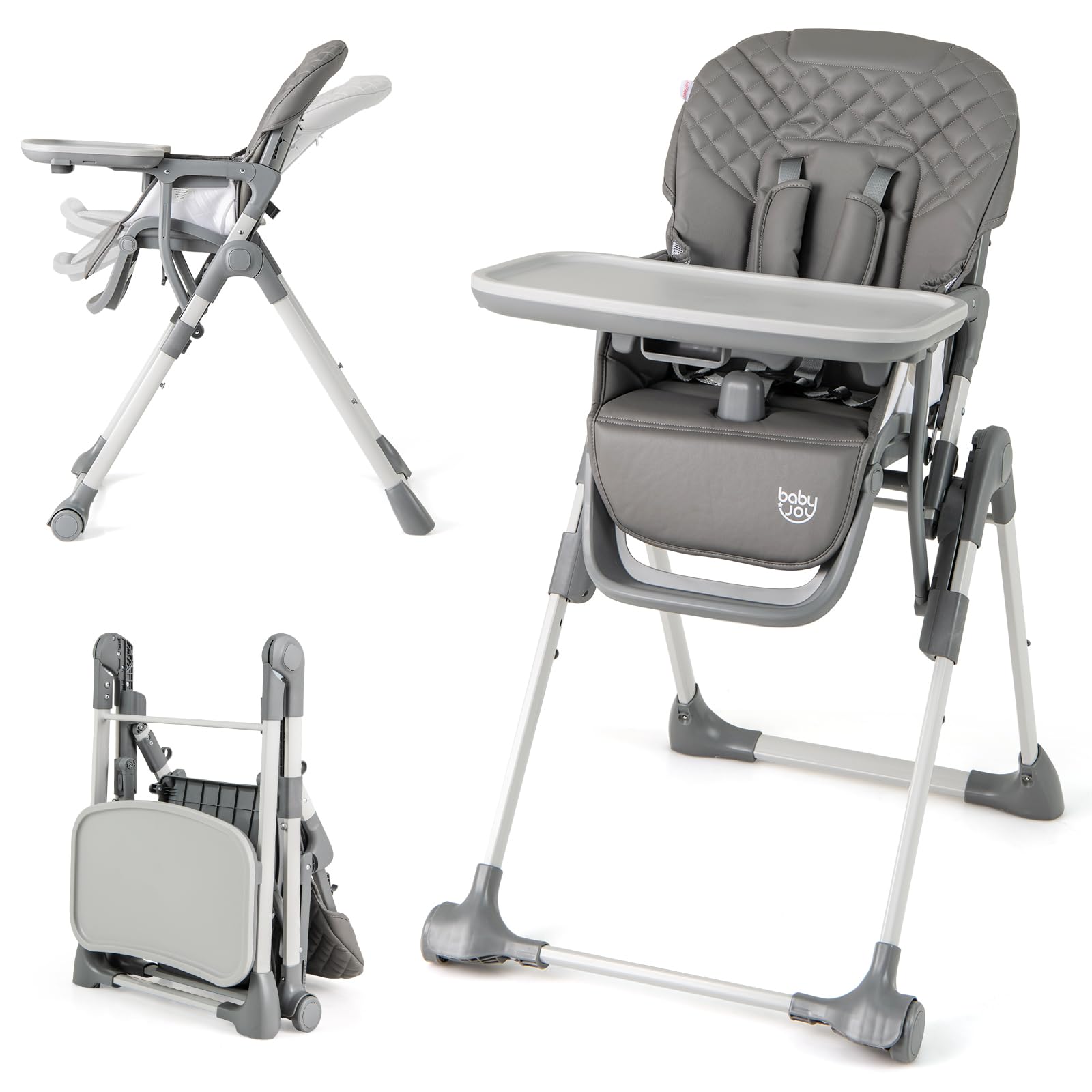 Baby Joy Foldable High Chair For Babies And Toddlers, Portable Adjustable Highchair With Footrest, Detachable Tray, Easy To Clea