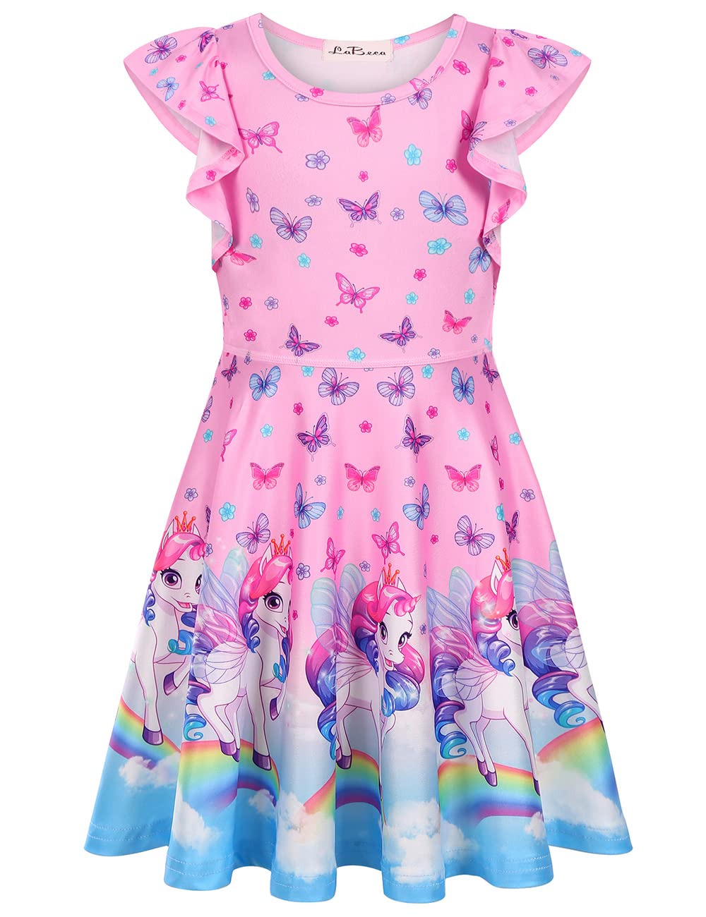 Labeca Baby Girls Printed Casual Party Dresses Twirly Ruffle Sleeve Dress Butterfly Unicorn Cap Xs