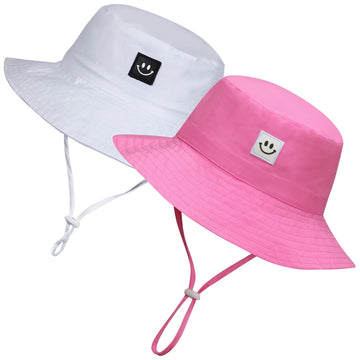 Baby Girl Sun Hat Summer Beach Bucket Hats For Toddler 6-12,12-24 Months 2Pack Smile Face White/Pink