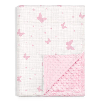 Butterfly Baby Blankets for Girls, Soft Nursery Minky Blankets with Muslin and Dotted Fleece Back 30x40 inches, Receiving Bed Qu