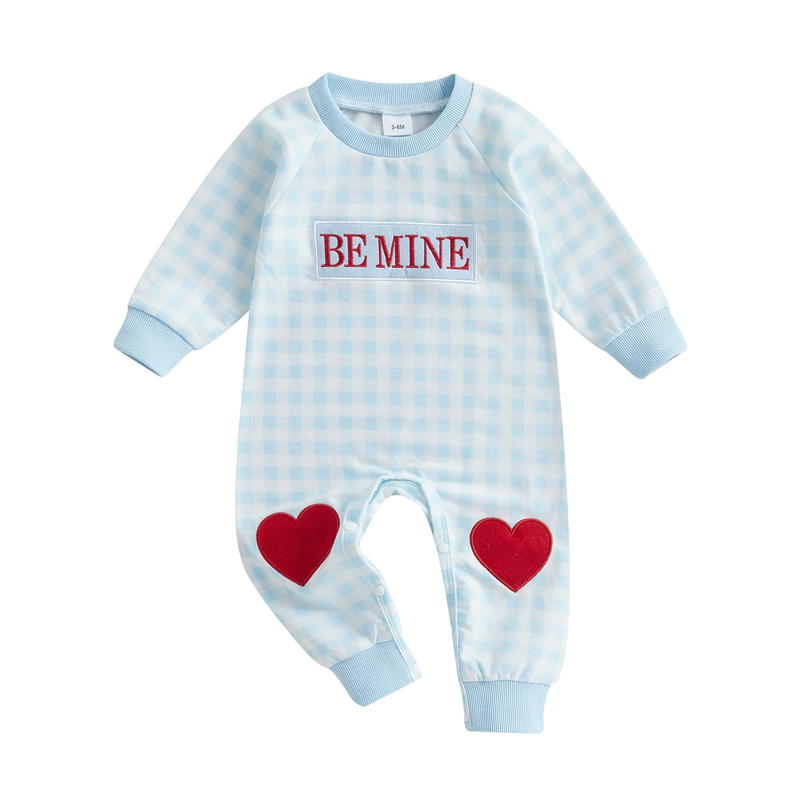 Baby Boy Valentines Day Outfit Be Mine Heart Romper Gingham Long Sleeve Jumpsuit Newborn Clothes (Blue Be Mine B, 0-3 Months)