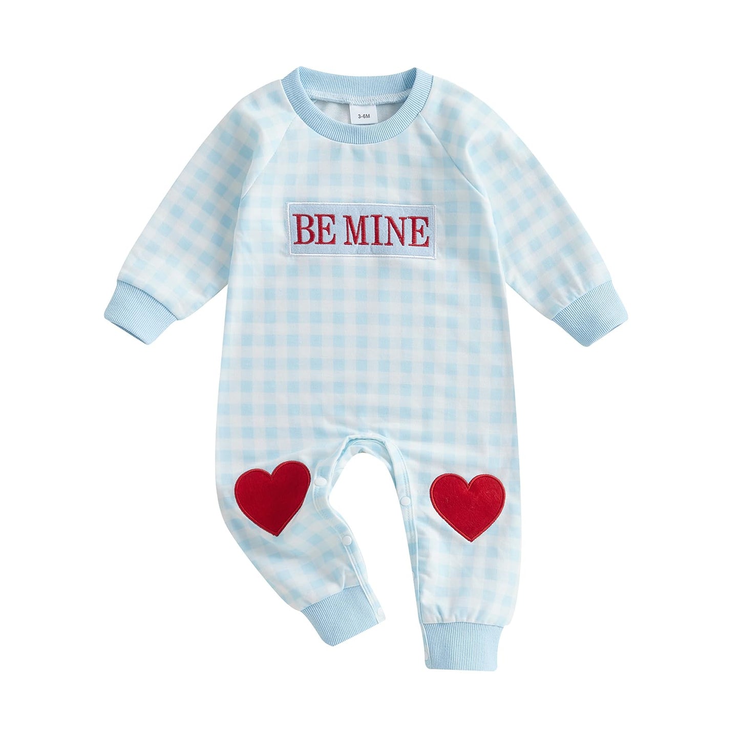 Baby Boy Valentines Day Outfit Be Mine Heart Romper Gingham Long Sleeve Jumpsuit Newborn Clothes (Blue Be Mine B, 12-18 Months)