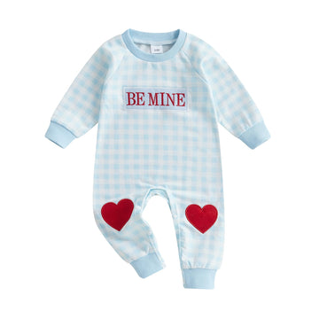 Baby Boy Valentines Day Outfit Be Mine Heart Romper Gingham Long Sleeve Jumpsuit Newborn Clothes (Blue Be Mine B, 12-18 Months)