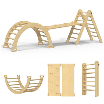 Cmfydaily Large Pikler Triangle Set, 5 In 1 Foldable Baby Climbing Gym Indoor Montessori Climbing Set Wooden Toddler Climbing To