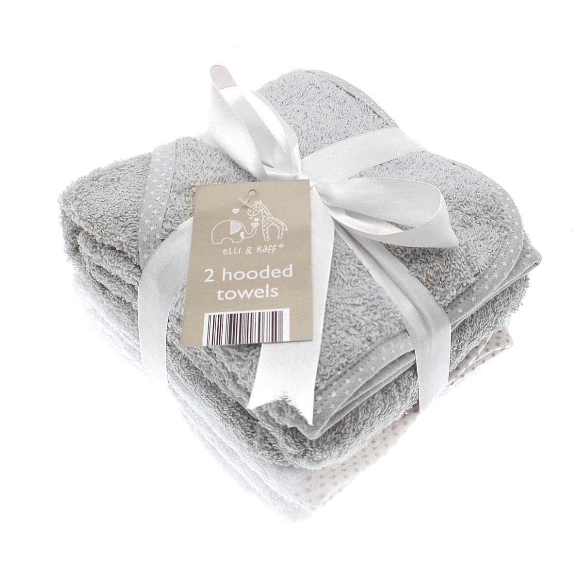 2 Soft White Elli and Raff Baby Hooded Bath Time Towel 100% Cotton Baby Gift (Grey)