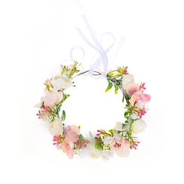 Funsveta Baby Girls Flower Crown Flower Girl Headpiece Boho Little Wreaths For Weddings, Family Photography (Pink White)