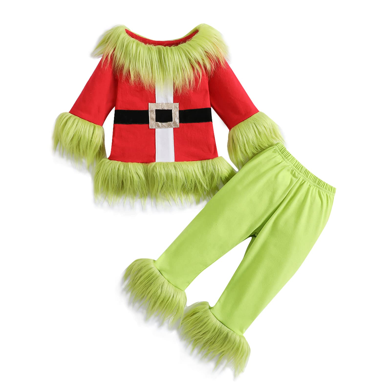 Nicoxijia Toddler Baby Boys Girls Christmas Cosplay Monster Costume Outfits Green Furry Santa Long Sleeve Tops and Pants Set (Ki