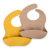 Silicone Bib 2-Pack: Safe, Non-Toxic, Food-Grade. Waterproof, Adjustable Neck Band, Easy-Clean Pouch Catcher. (Mustard/Beige)