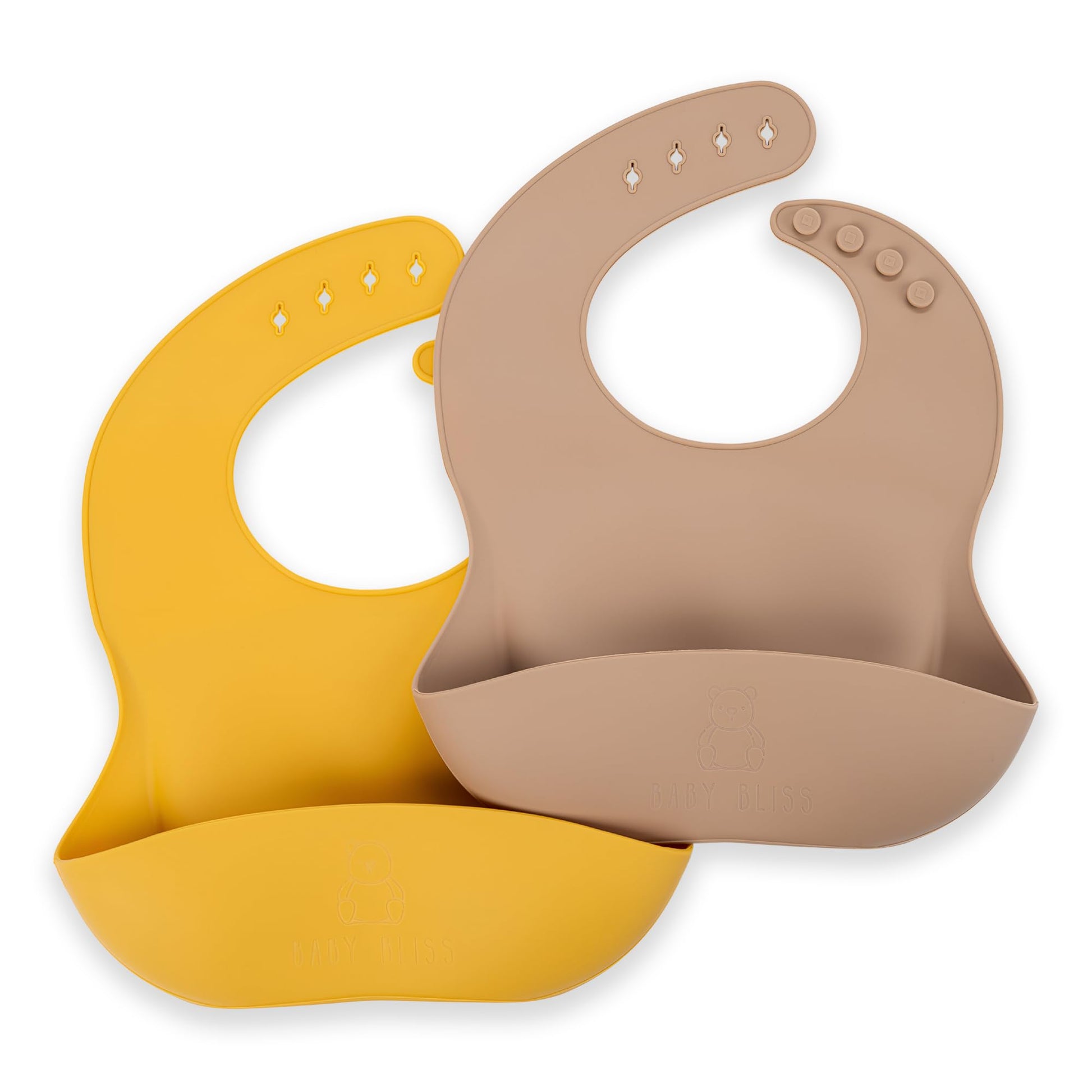 Silicone Bib 2-Pack: Safe, Non-Toxic, Food-Grade. Waterproof, Adjustable Neck Band, Easy-Clean Pouch Catcher. (Mustard/Beige)