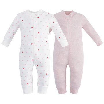 Owlivia Organic Cotton Baby Boy Girl 2 Pack Zip Up Sleep N Play, Footless, Long Sleeve(6-12 Months, Pink Melange+Pink Heart)