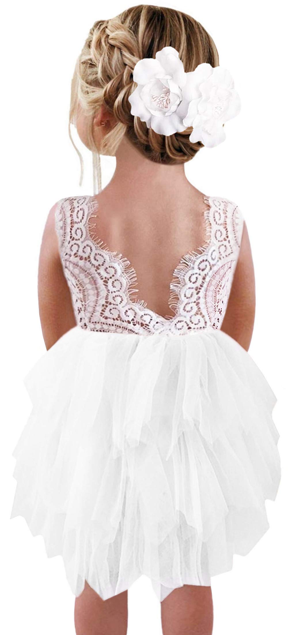 2Bunnies Girl Beaded Peony Lace Back A-Line Tiered Tutu Tulle Flower Girl Dress