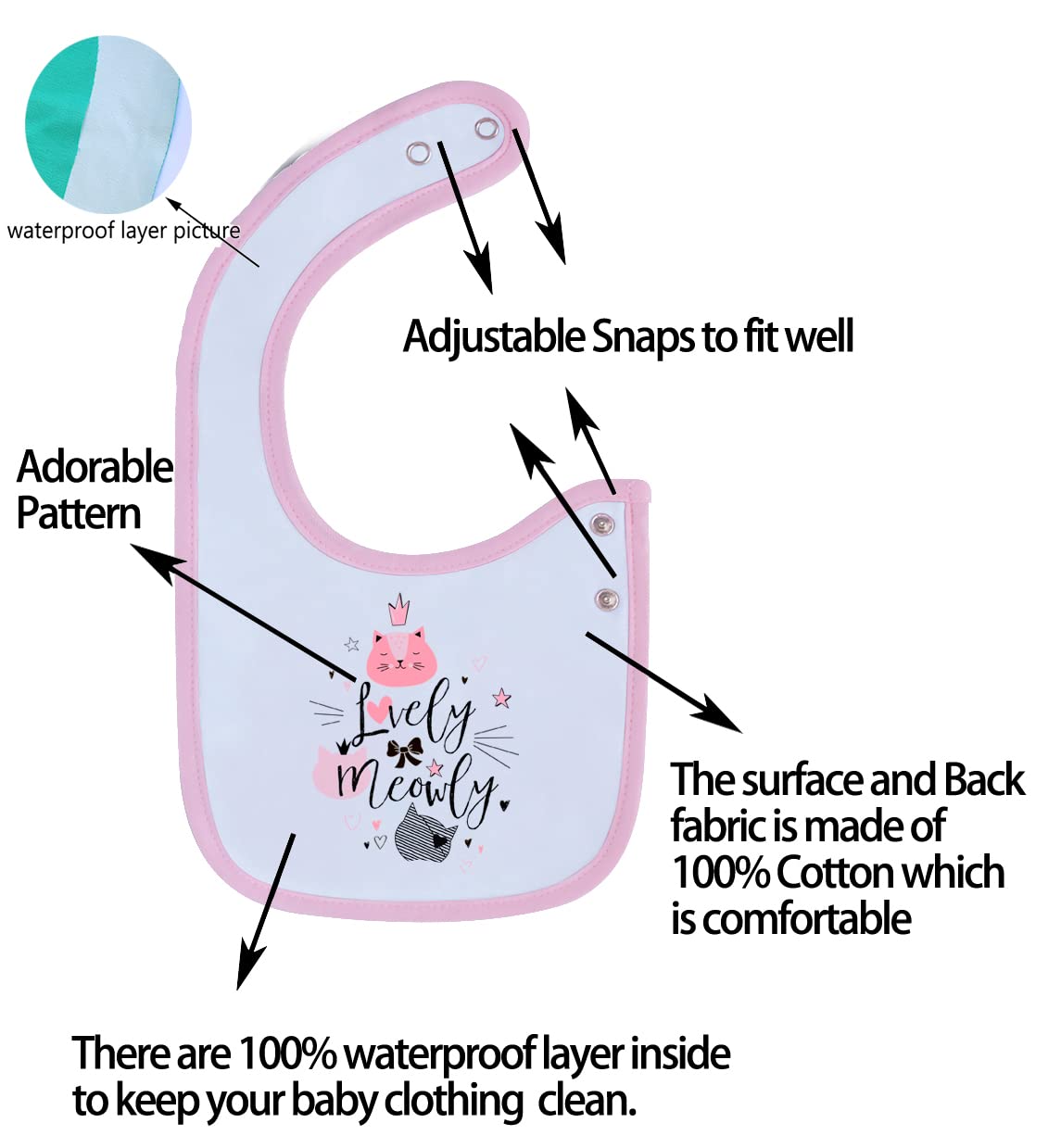 Maiwa 6 Pack Waterproof Cotton Baby Bibs For Girls Boys For Drooling Eating With Adjustable Snaps