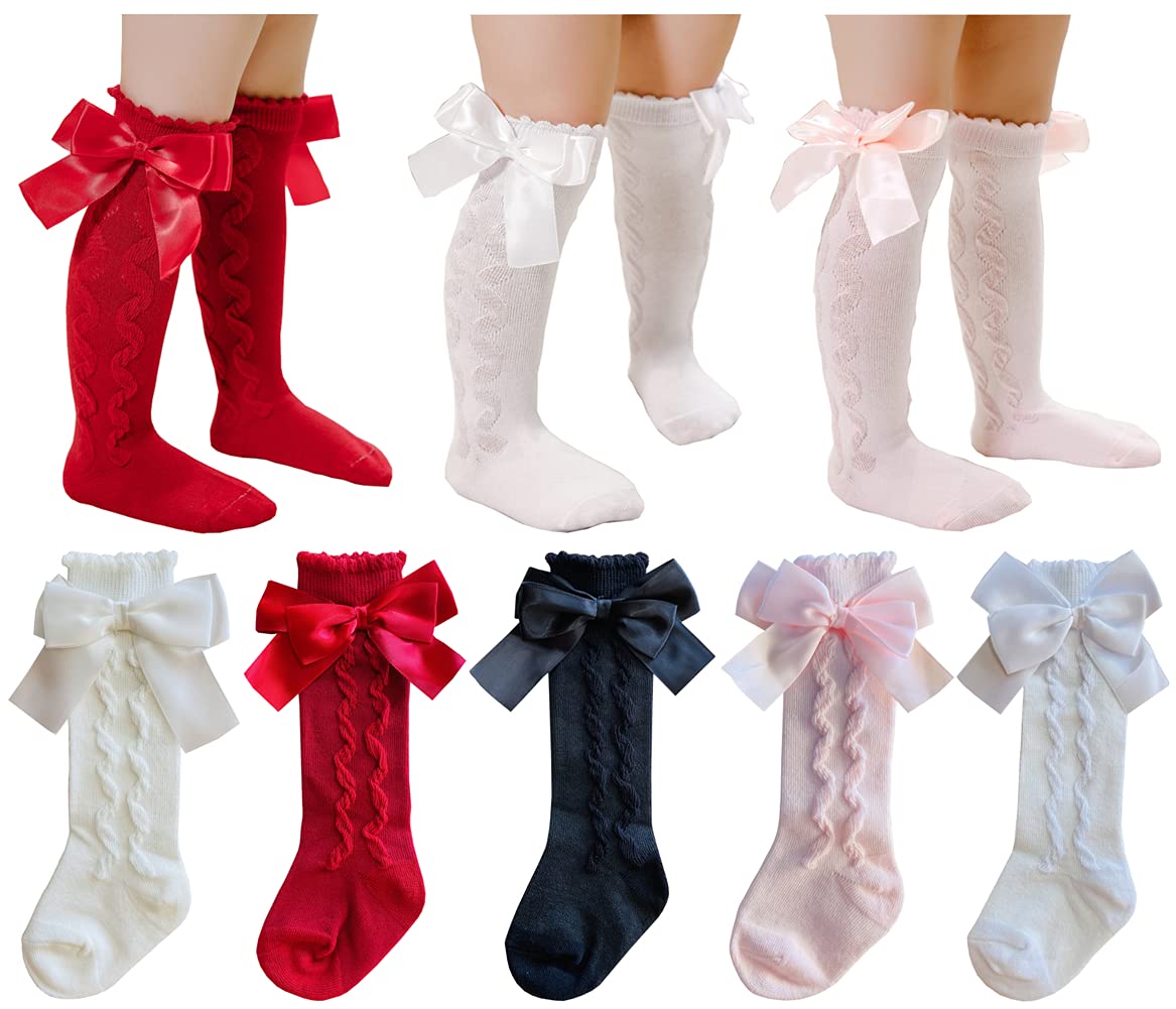Qandsweet Baby Girl Knee-High Socks Toddlers Bow Stockings Newborn Infant Sock (0-12 Months, Cabled Styles)