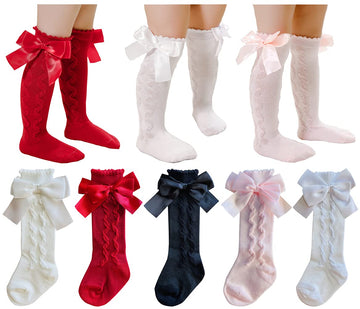 Qandsweet Baby Girl Knee-High Socks Toddlers Bow Stockings Newborn Infant Sock (0-12 Months, Cabled Styles)