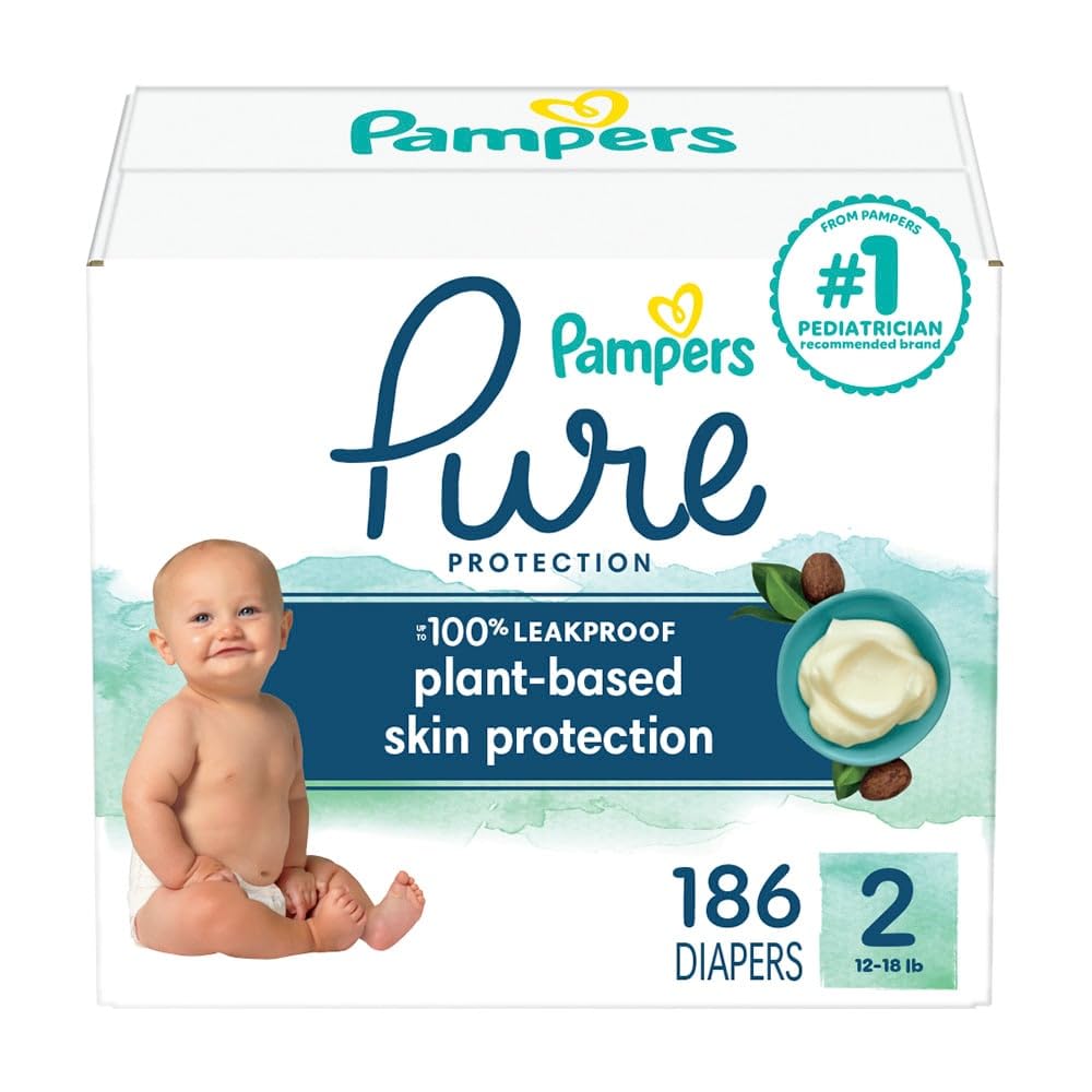 Pampers Baby Diapers - Pure Protection - Size 2, 186 Count, For Up To 100% Leakproof, Premium Plant-Based Skin Protection