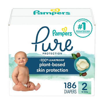 Pampers Baby Diapers - Pure Protection - Size 2, 186 Count, For Up To 100% Leakproof, Premium Plant-Based Skin Protection