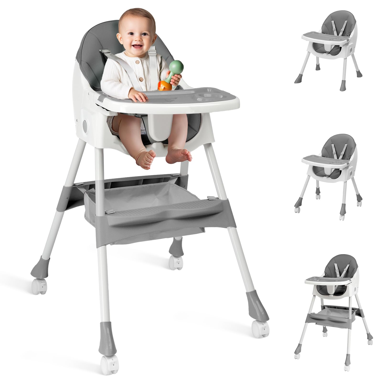 Ktaxon Foldable Baby High Chair, 2-in-1 Portable Convertible Highchair with Removable Dual-Layer Tray, 5-Point Safety Harness an