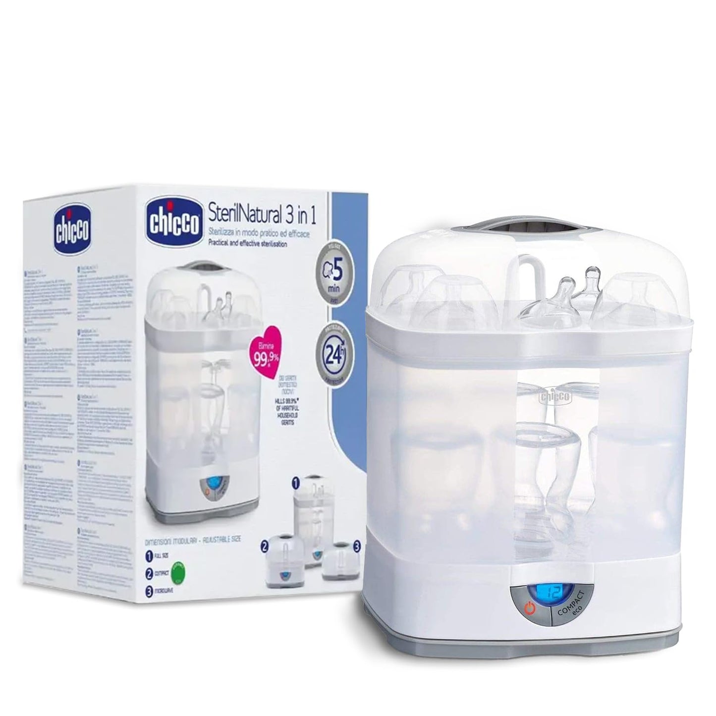 Chicco 3 In1 Steam Sterilizer | Microwave Safe | Sterilizes Upto 6 Bottles | Kills 99.9% Of Germs | 24Hrs Sterilization In 5 Min