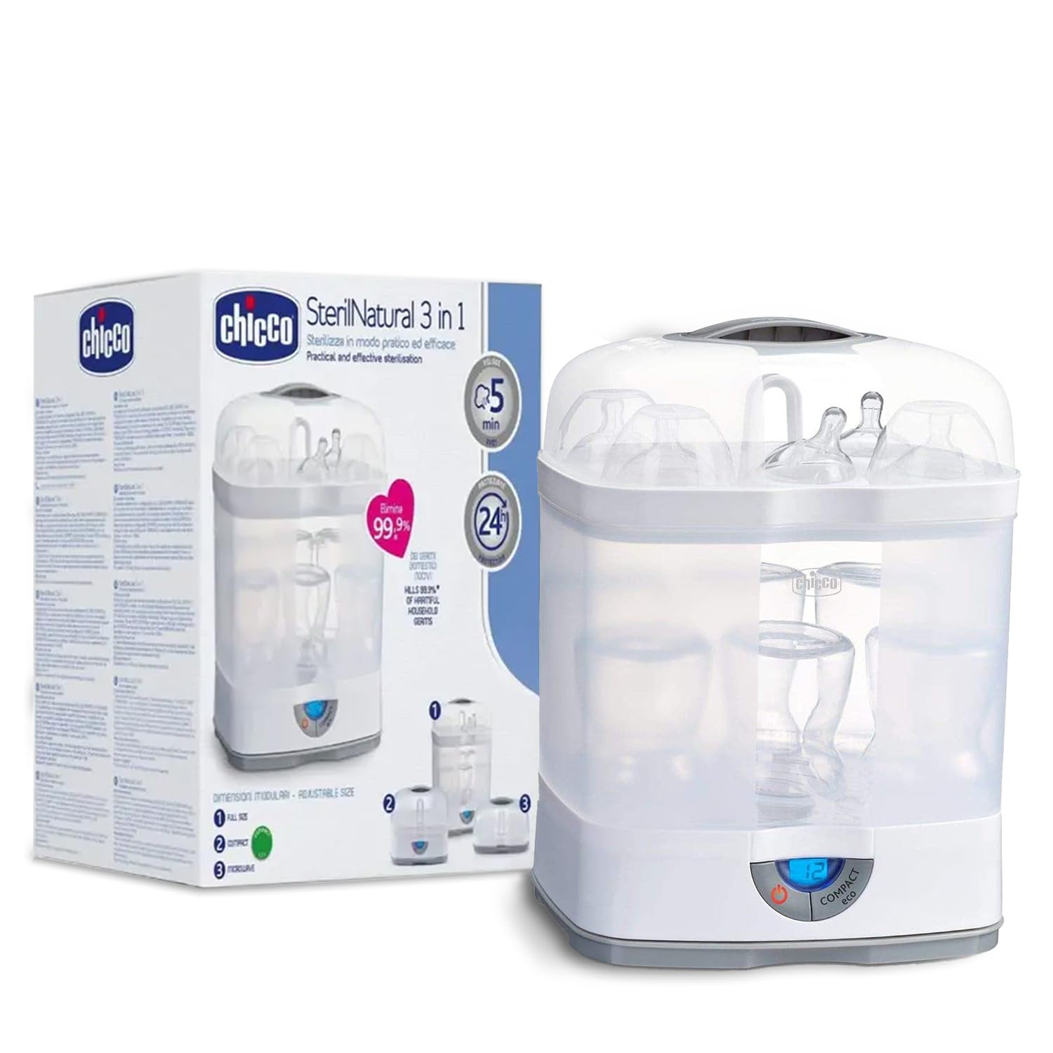 Chicco 3 In1 Steam Sterilizer | Microwave Safe | Sterilizes Upto 6 Bottles | Kills 99.9% Of Germs | 24Hrs Sterilization In 5 Min