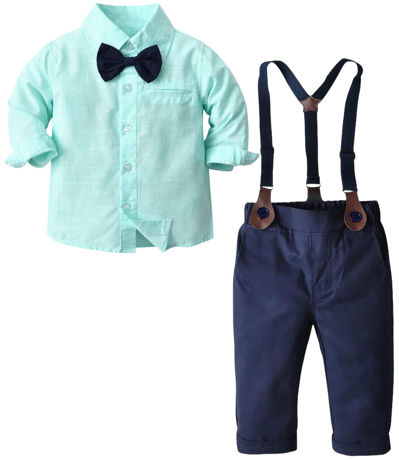 Baby Boy 'S Formal Outfit, Button Down Stripes Dress Shirt With Bow Tie + Suspender Pants Set For Toddlers Baby & Little Boys, 2