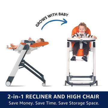 Peg Perego Siesta, Grow With Baby Folding High Chair & Recliner, Height Adjustable, Quick Clean & Easy Push Wheels For Babies &