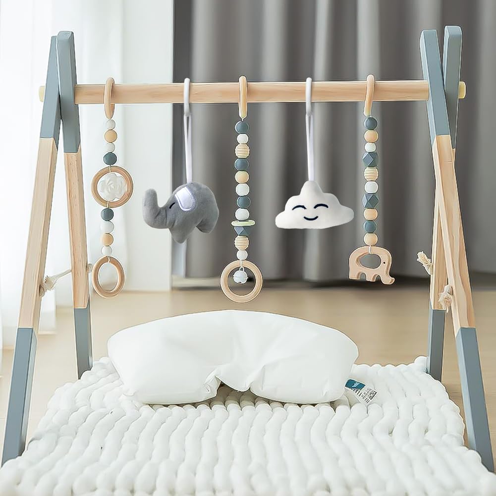 Avrsol Wooden Baby Play Gym Foldable Baby Play Gym Frame Activity Gym Hanging Bar With 5 Gym Baby Toys Natural Gift For Newborn