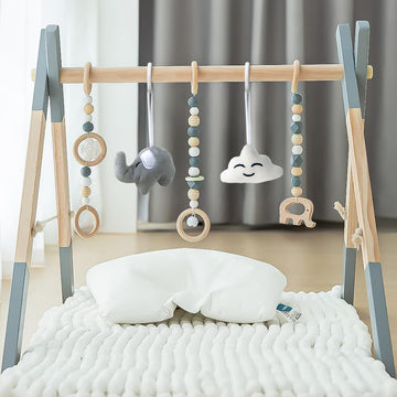 Avrsol Wooden Baby Play Gym Foldable Baby Play Gym Frame Activity Gym Hanging Bar With 5 Gym Baby Toys Natural Gift For Newborn