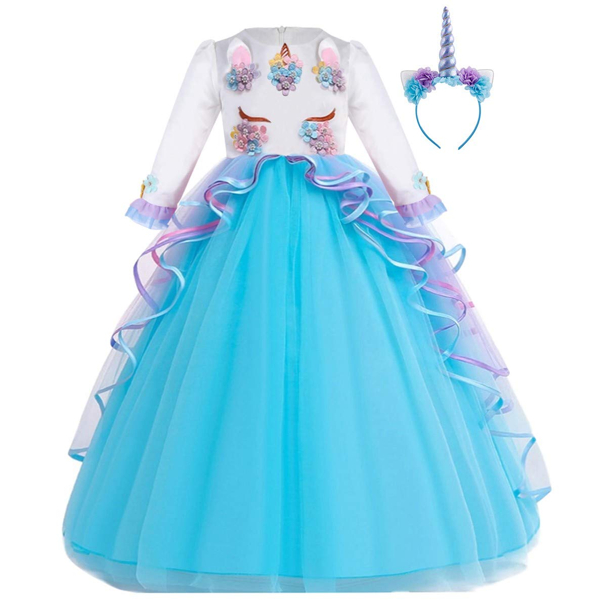 Hihcbf Girls Unicorn Birthday Princess Long Sleeve Wedding Pageant Party Maxi Dress Halloween Carnival Costume W/Headband Blue 1